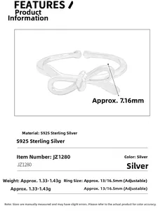 Specifications of S925 sterling silver bow ring with adjustable size and 1.43g weight