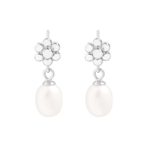 Boucles d'oreilles fleur en argent S925 avec perles d'eau douce naturelles sur blanc