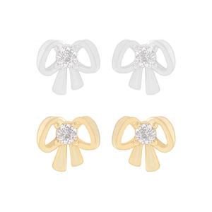 Elegant S925 sterling silver bow knot earrings with zircon stones in gold and silver