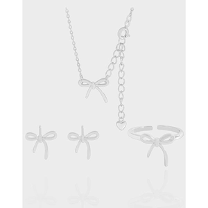 Parure de Bijoux Nœud en Argent Sterling 925 Minimaliste pour Femme Style Coréen Ins Doux Boucles d'Oreilles Clous Bague Réglable Collier Pendentif Cadeau