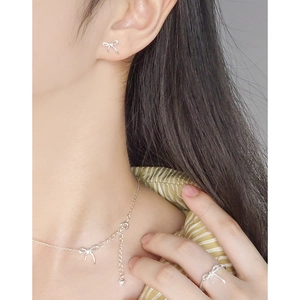 Parure de bijoux nœud en argent S925 comprenant bague ajustable, collier et boucles d'oreilles