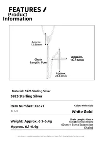 Détail macro du collier croix et cœur en argent S925 avec mesures de taille précises