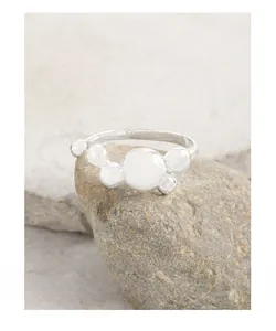Artistic S925 sterling silver ring with bubble spheres on textured rock background