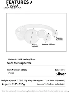 Detailed size chart of S925 sterling silver ring with multi-bead design and measurements