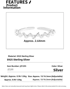 Detail of S925 sterling silver beaded ring showing 2.64mm width and adjustable size