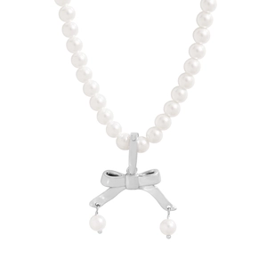 Elegante collana con fiocco in argento S925 e perle bianche lucide per gioielli donna
