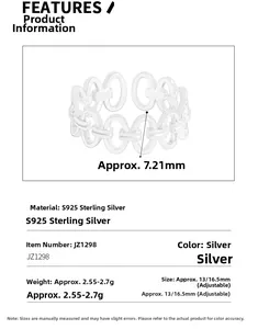 Detail view of S925 sterling silver hollow chain ring with dimensions and specifications