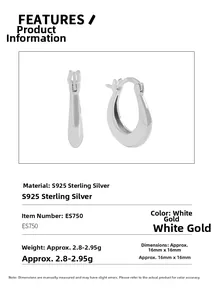 Detail showing S925 sterling silver U-shaped hoop earrings with size and weight specs