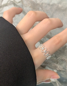 Detail shot of a S925 sterling silver interlocking circle ring worn on a finger