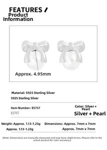 Detailed specs of S925 silver bow stud earrings with 4.95mm pearl and 7mm size