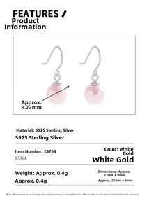 Detail view of pink pearl earrings in S925 silver with precise size and weight measurement