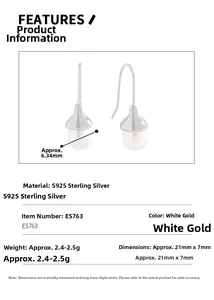 Detail view of S925 sterling silver pearl drop earrings with 21mm by 7mm size markings