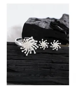 Detailed view of S925 silver firework studs and open ring set on black charcoal