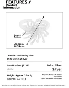 Detailed size chart of S925 sterling silver firework ring with adjustable band specs