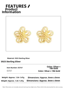 Close-up of S925 silver 18k gold flower earrings with detailed beaded texture