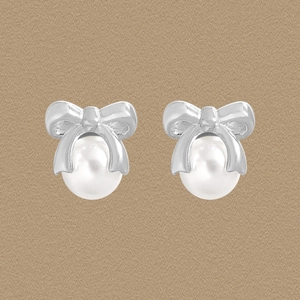 Bowknot Artificial Pearl Stud Earrings With 925 Sterling Silver Earring Post Elegant Sweet Simple Jewelry For Women Girls