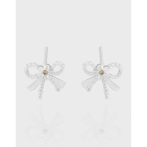 Boucles d'Oreilles Clous Fleur Nœud en Argent Sterling S925 Coréen pour Femmes Bijoux de Luxe Minimalistes avec Zirconia