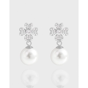 Flower Artificial Pearl Stud Earrings With 925 Sterling Silver Earring Post Zirconia Inlaid Drop Earrings For Women Jewelry Wedding