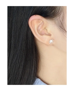 Close-up of S925 sterling silver firework stud earrings worn on ear with fine radiating rays