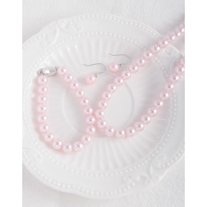 Pink pearl jewelry set with S925 silver necklace bracelet and earrings on white plate