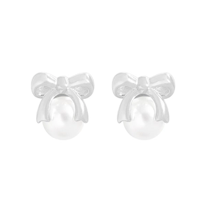 Elegant S925 silver bow stud earrings with white pearls in a minimalist design