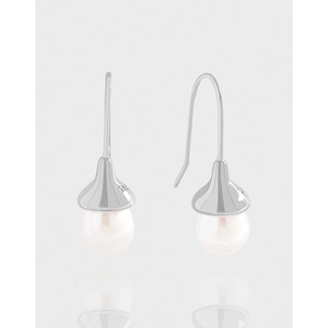 925 Sterling Silver White Artificial Pearl Drop Earrings For Women Elegant Acorn Shape Hook Earrings Fine Jewelry For Daily Dating Gift
