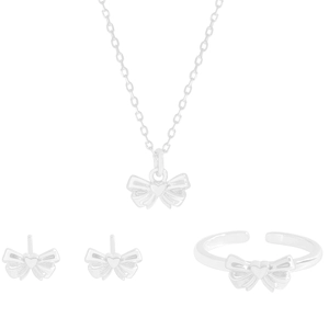 Minimalist S925 silver jewelry set featuring bow and heart necklace, earrings and ring