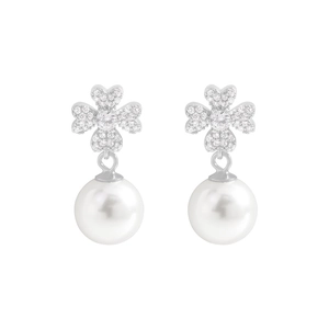 S925 silver leaf clover stud earrings with zircon stones and elegant white pearls