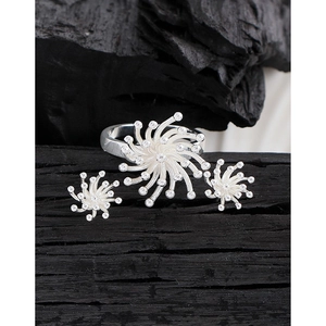 Elegant S925 silver jewelry set featuring firework starburst ring and stud earrings