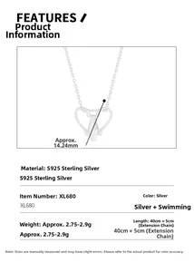 Detail showing S925 sterling silver heart necklace dimensions 14.24mm and chain length