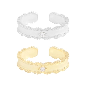 S925 sterling silver leaf ring with zircon stone in gold and silver adjustable open design