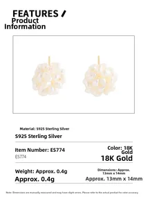Macro view of S925 silver pearl cluster stud earrings with detailed product dimensions