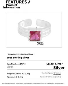 S925 sterling silver ring detail showing square pink zircon and 7.73mm band width measurements