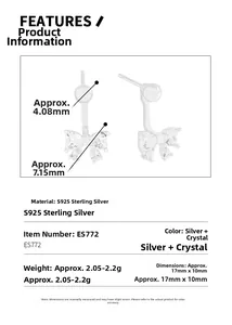 Detailed S925 sterling silver bow earrings with zircon heart accents and dimensions