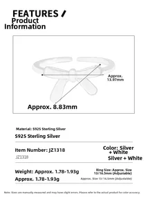 Detailed specs of S925 sterling silver bow ring showing size and adjustable open band