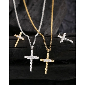 Twisted cross zircon stud earrings and necklace set in gold and silver S925 sterling silver