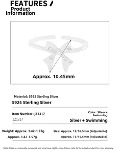 Detailed specs showing S925 sterling silver bow ring with adjustable opening and size info