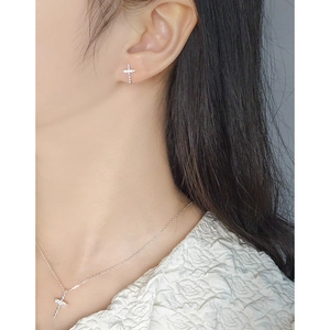 Elegant S925 silver cross stud earrings and necklace set with sparkling zircon stones
