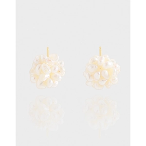 S925 Sterling Silver Natural Pearl Flower Cluster Stud Earrings For Women 18K Gold Plated Handcrafted Fireworks Ball Jewelry