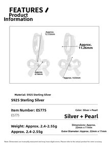Detailed size specifications for S925 sterling silver bow pearl earrings with dimensions