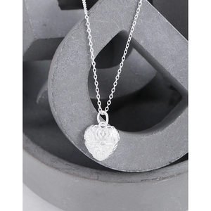 Vintage S925 sterling silver heart necklace with floral texture and zircon stone