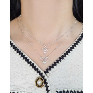 Double-layered S925 silver necklace with heart-shaped cross and hollow heart pendant
