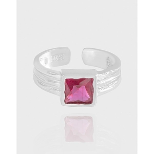 S925 Sterling Silver Rose Red Zirconia Ring For Women Luxury Square Stone Textured Adjustable Open Finger Ring Fashion Jewelry