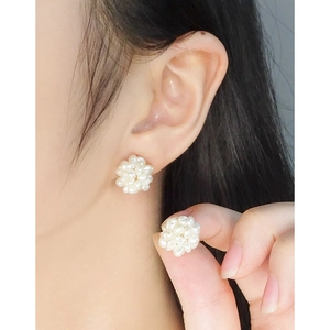 Elegant S925 silver stud earrings with cluster of natural white pearls in floral design