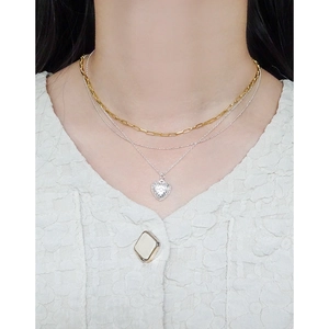 Layered gold paperclip and silver bead necklace with textured heart pendant for women