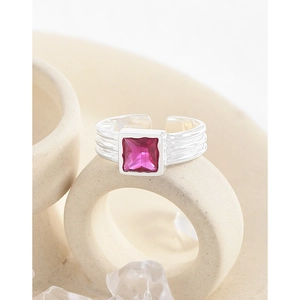 S925 sterling silver ring with square rose red zircon and textured adjustable band