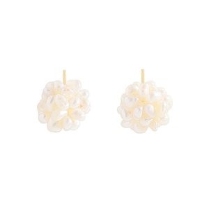 Elegant white pearl cluster ball earrings with golden s925 silver studs on white background