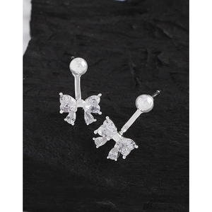 Elegant S925 sterling silver bow knot stud earrings with sparkling zircon crystals