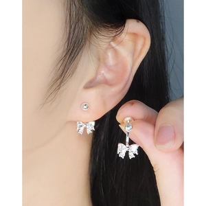 Elegant S925 sterling silver bow knot stud earrings with shiny cubic zirconia for women