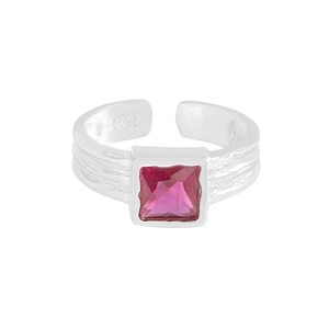 S925 sterling silver open ring featuring a square rose red zircon and textured band